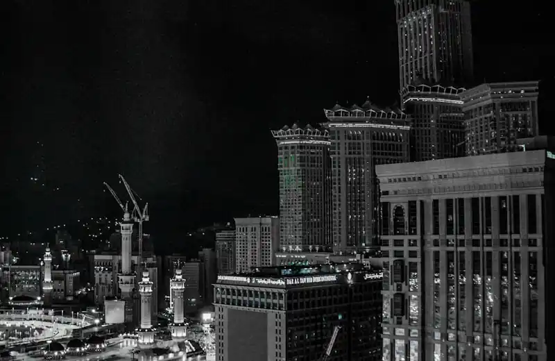 Makkah skyline at night for umrah deals from Al Buraq Travels UK